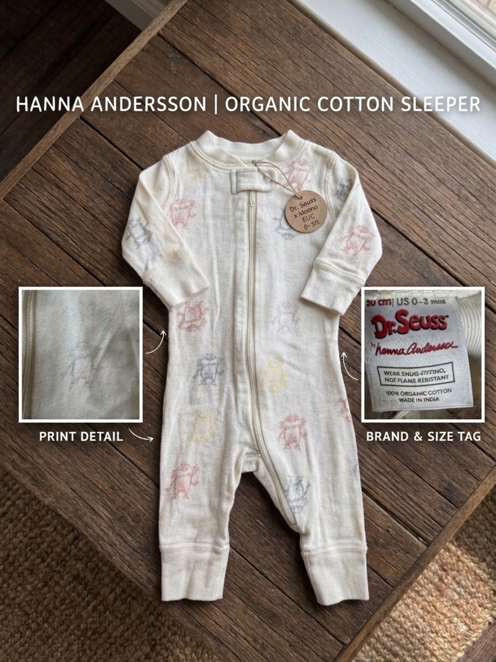 Dr. Seuss Cream Organic Cotton One-Piece Sleeper with Pale Multicolor Prints